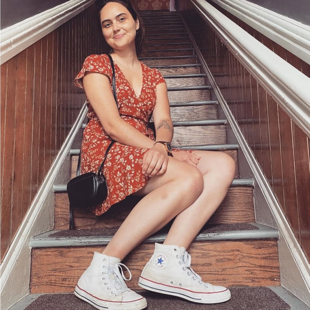 White High-Top Sneakers with Red Dress